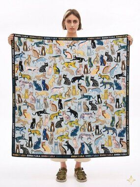 Bimba y Lola Silk Scarf Cat Print Multicolor Animal Square